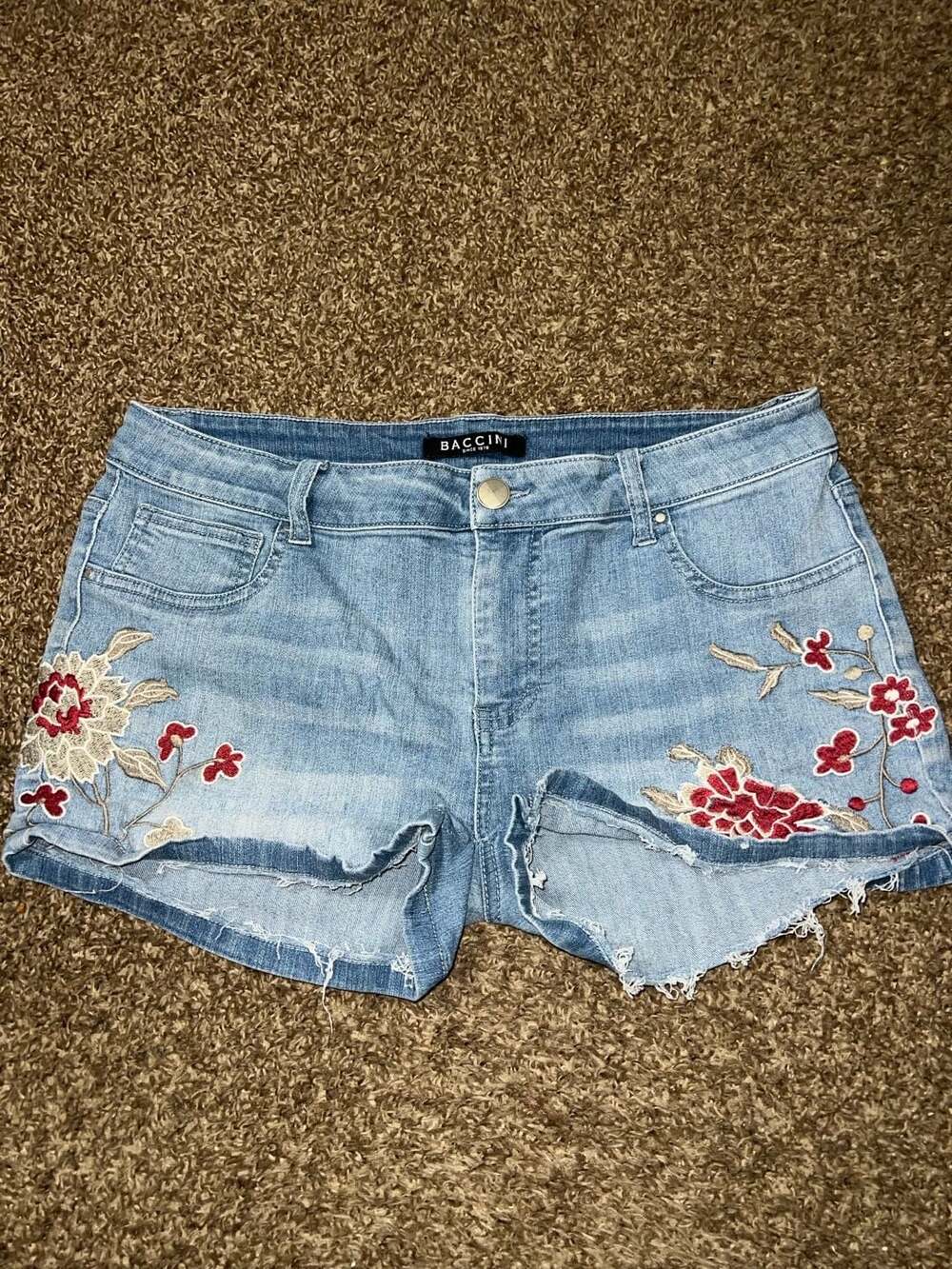 Baccini Embroidered Floral Light Wash Denim Cut-Off Shorts